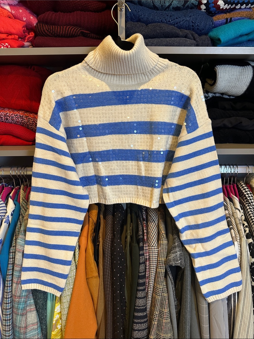 Idem Ditto cream/blue striped long sleeve sequin turtleneck sweater size S NWT